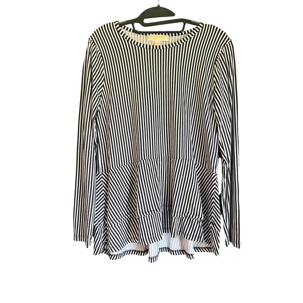 Michael Kors Womens Black White Striped Long Sleeve Peplum Ruffle Top Large